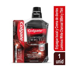 Enjuague Bucal Colgate Luminous White Carbón x 500ml + Crema Dental Luminous White Carbón Activado x 75ml