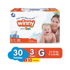 Pañales Winny Ultratrim Sec Etapa 3/G x 30 Unidades + 10 Toallitas