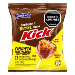 Chupeta Masticable Kick Colombina Sabor A Caramelo, Chocolate Y Maní x 288gr x 12 Unidades