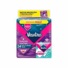 Toallas Femeninas Nosotras Buenas Noches Nocturna Tipo Tela x 24 Unidades + Protectores Diarios Largos x 10 Unidades
