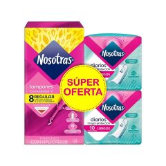 Tampones Nosotras Con Aplicador Regular x 8 Unidades + Protectores Largos x 20 Unidades