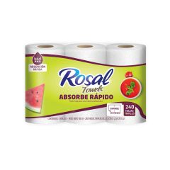 Toallas De Cocina Multiusos Rosal Rápida Absorción x 80 Hojas x 3 Rollos