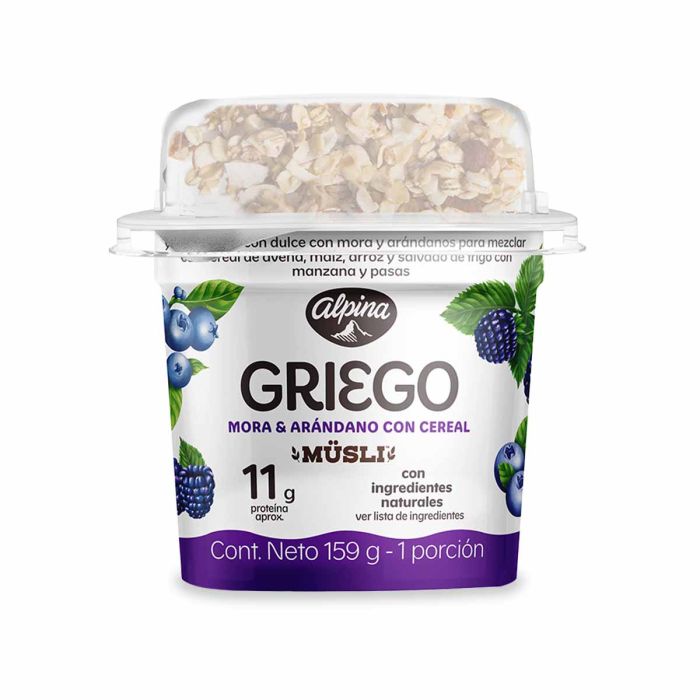 Yogurt Griego Alpina Con Cama De Fruta Sabor A Mora Y Arándanos Con Cereal Musli x 159gr La