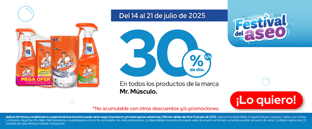 Festival del Aseo, del 14 al 21 de julio de 2025, disfruta del 30% de descuento en todos los productos de la marca Mr. Músculo