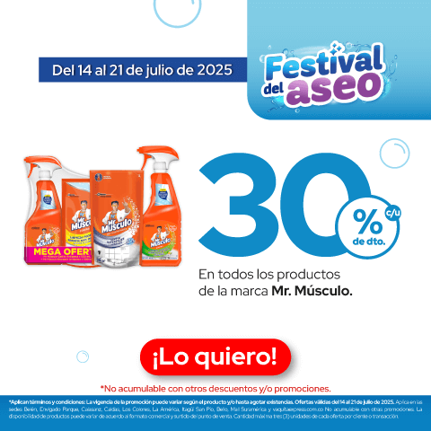 Festival del Aseo, del 14 al 21 de julio de 2025, disfruta del 30% de descuento en todos los productos de la marca Mr. Músculo