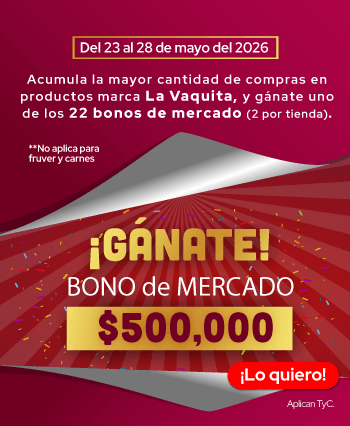 Del 23 al 28 de mayo de 2026, acumula la mayor cantidad de compras en productos marca La Vaquita, y gánate uno de los 22 bonos de mercado (2 or tienda) ¡Lo quiero!