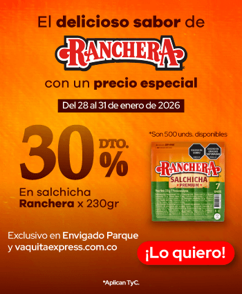 El delicioso sabor de Ranchera con un precio especial, del 28 al 31 de enero de 2026 disfruta de un 30% de descuento en salchicha Ranchera x 230gr