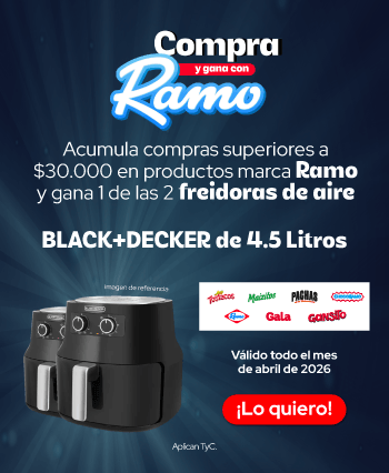 Compra y gana con Ramo. Acumula compras superiores a $30.000 en productos marca Ramo y gana 1 de las 2 freidoras de aire Black+Decker de 4.5 litros. Válido todo el mes de abril de 2026 ¡Lo quiero!
