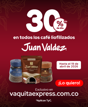 30% de DTO. en todos los café liofilizados Juan Valdez ¡Lo quiero!