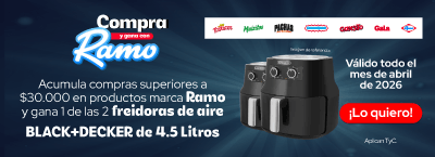 Compra y gana con Ramo. Acumula compras superiores a $30.000 en productos marca Ramo y gana 1 de las 2 freidoras de aire Black+Decker de 4.5 litros. Válido todo el mes de abril de 2026 ¡Lo quiero!
