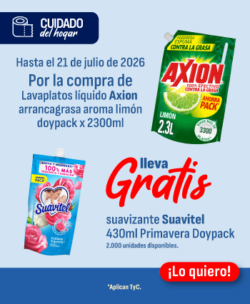Hasta el 21 de julio de 2026, por la compra de lavaplatos líquido Axion arranca grasa aroma limón doypack x 2300ml, lleva gratis suavizante Suavitel 430ml primavera doypack ¡Lo quiero!