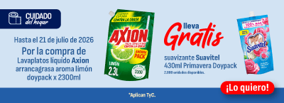 Hasta el 21 de julio de 2026, por la compra de lavaplatos líquido Axion arranca grasa aroma limón doypack x 2300ml, lleva gratis suavizante Suavitel 430ml primavera doypack ¡Lo quiero!