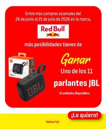 Entre más compras acumules del 26 de junio al 21 de julio de 2026 en la marca Redbull, más posibilidades tienes de ganar uno de los 11 parlantes JBL