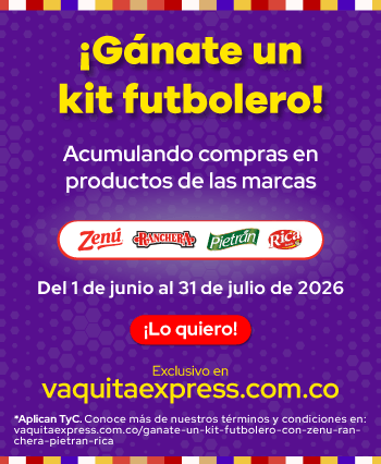 ¡Gánate un kit futbolero! Acumulando compras en productos de las marcas Zenú, Ranchera, Pietrán y Rica del 1 de junio al 31 de julio de 2026. Exclusivo en vaquitaexpress.com.co ¡Lo quiero!