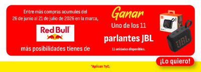 Entre más compras acumules del 26 de junio al 21 de julio de 2026 en la marca Redbull, más posibilidades tienes de ganar uno de los 11 parlantes JBL