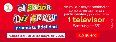 Acumula la mayor cantidad de compras en las marcas participantes y podrás ganar 1 televisor Samsung de 55". Válido del 1 al 31 de mayo de 2026. ¡Lo quiero!